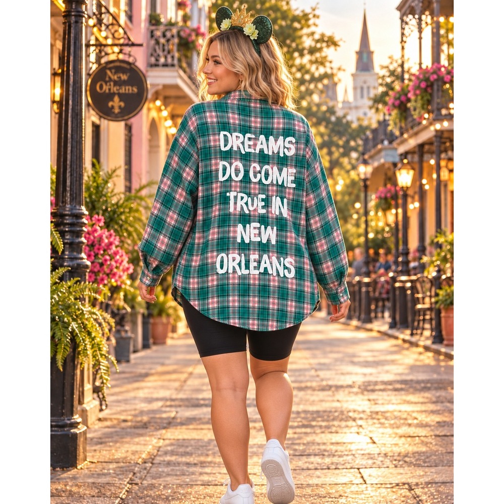 Cakeworthy x Disney Unisex XXL Tiana Long Sleeve Plaid Button Down Green Pink